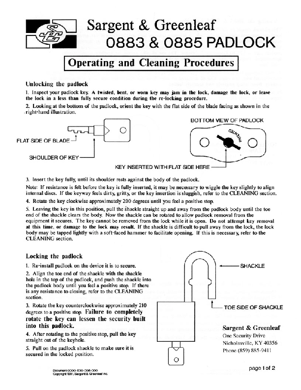 Environmental Padlock 0883 Operating and Cleaning Instructions